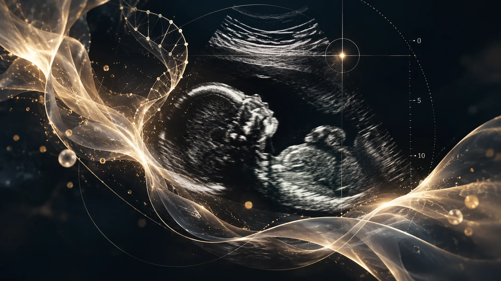 Conceptual fetal profile with flowing gold scientific motifs.